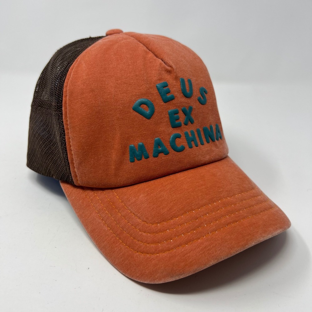 Deus Ex Machina Trucker Hat Orange Brown Mesh Snapback Cap Raised Logo Mens